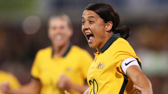 Matildas superstar Sam Kerr says she will not wear a rainbow captain’s armband due to the risk of suspension from mandatory yellow cards. Picture: Matt King / Getty Images