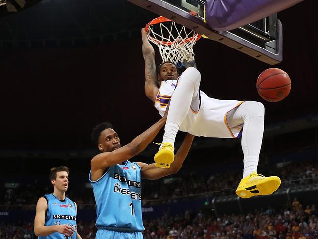 Sydney Kings Greg Whittington dunks a basket during the Sydney Kings v New Zealand NBL game at Qudos Bank Arena, Homebush. Picture: Brett Costello