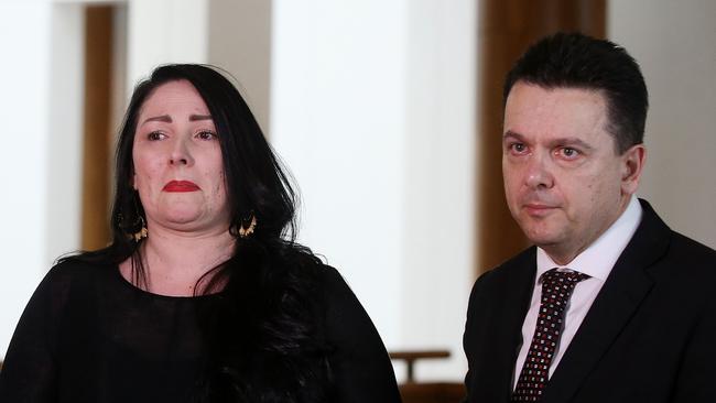 Nick Xenophon with Sonya Ryan, who became a campaigner for online safety after her daugher Carly was murdered by a sexual predator who groomed her over the internet. Picture: Kym Smith