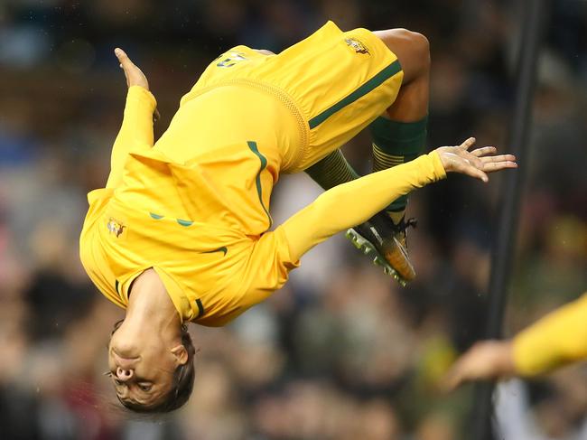 Sam Kerr celebrates scoring against Brazil with a backflip. Picture: Getty Images 