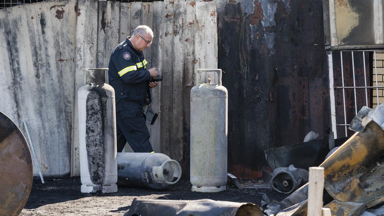 QFES fire investigator David Lethbridge at the scene of the fire at Jim's Jerky, Wednesday, April 5, 2023. Picture: Kevin Farmer