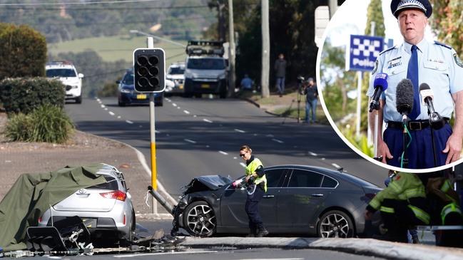 NSW Police Assistant Commissioner Gavin Wood (inset) speaks to the media on October 22, 2024, about a fatal crash on the Great Western Highway. Pictures: Richard Dobson