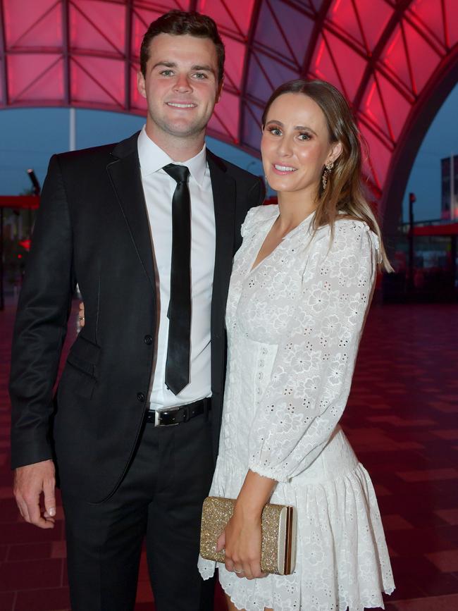 Brad Crouch and partner Britt Kennedy arrive at the Crows Club Champion awards on Thursday. Picture: MARK BRAKE