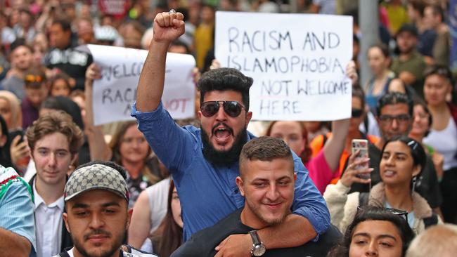 Protesters march during the Stand Against Racism and Islamophobia: Fraser Anning Resign! rally in March. Picture: Scott Barbour/Getty