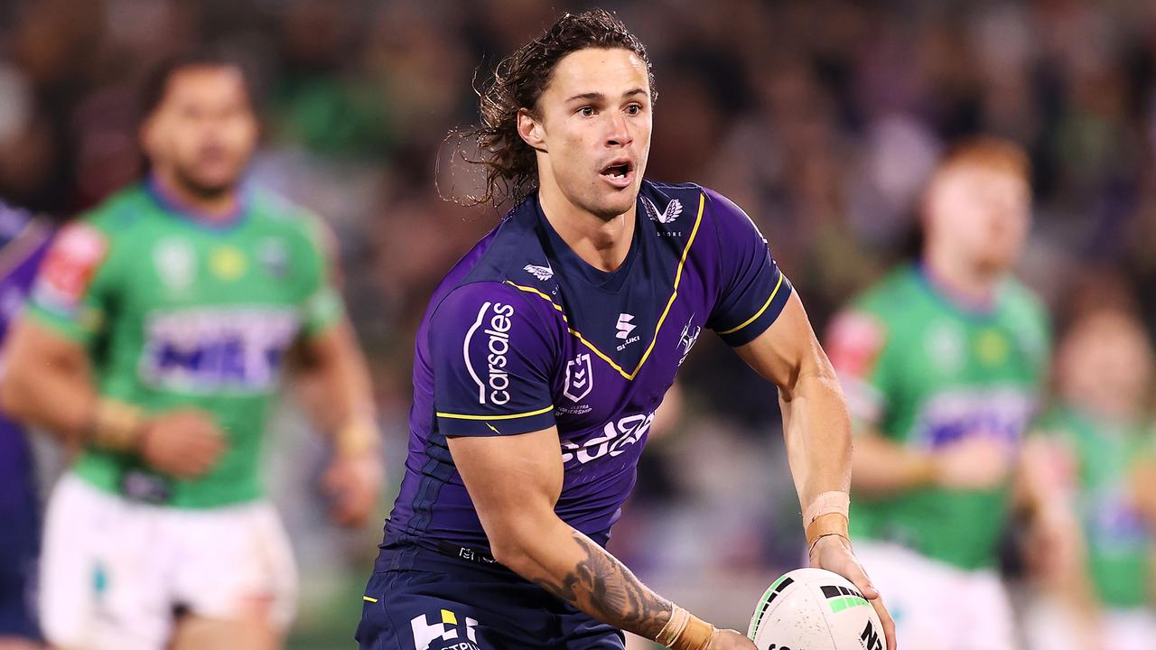 CANBERRA, AUSTRALIA - MAY 22: Nicho Hynes of the Storm passes during the round 11 NRL match between the Canberra Raiders and the Melbourne Storm at GIO Stadium, on May 22, 2021, in Canberra, Australia. (Photo by Mark Kolbe/Getty Images)