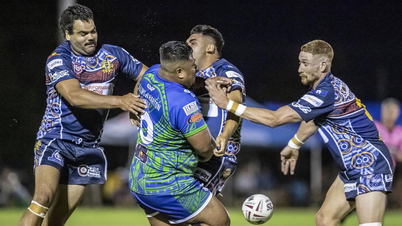 Damien McIntosh for Emus, Fine Faingaa for Pacific and Austin Jennings for Emus. 2023 TRL Cultural Cup, SW Qld Emus vs Pacific Nations Toowoomba. Saturday, February 25, 2023. Picture: Nev Madsen.