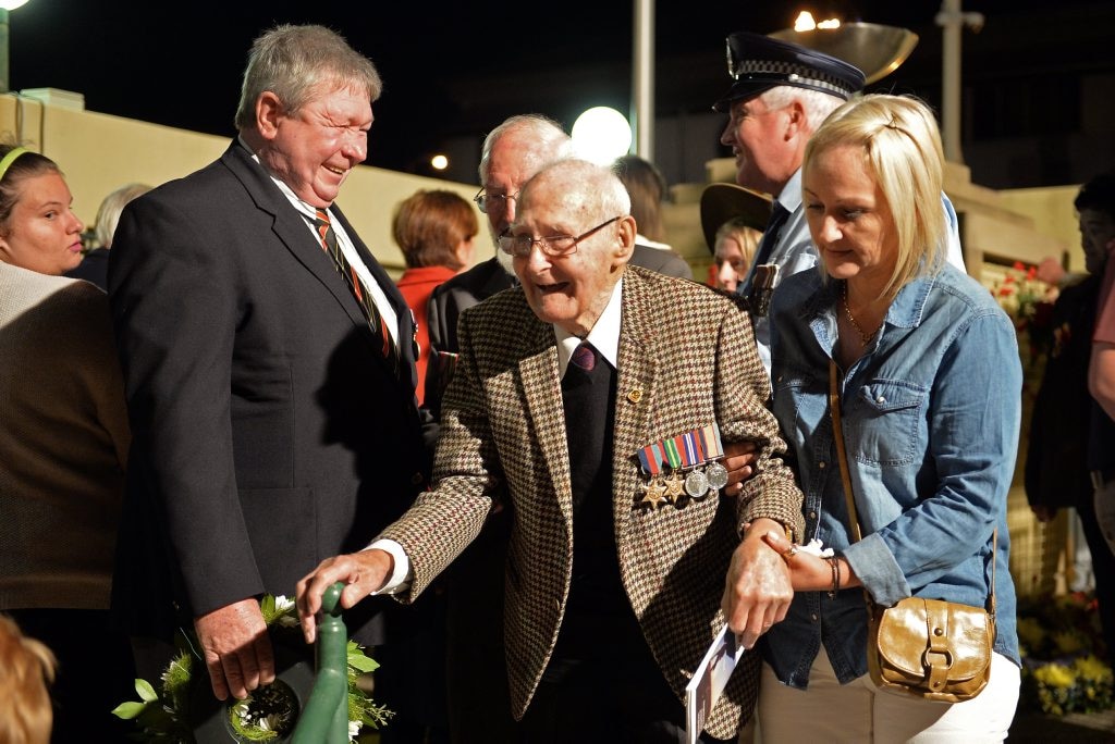 Anzac Day service at Memorial Park, Gympie. Arpil 25, 2016. Serviceman, Don Pitts, 79th Spitfire Squadron and Sharon Hunter. Photo Patrick Woods / Gympie Times. Picture: Patrick Woods