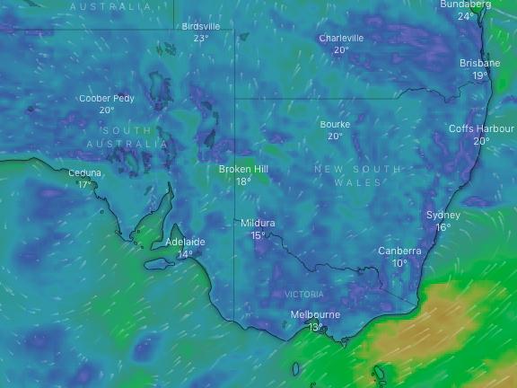 Australia's been warned to rug up as a cold front moves across the country's south-east this weekend. Picture: Windy