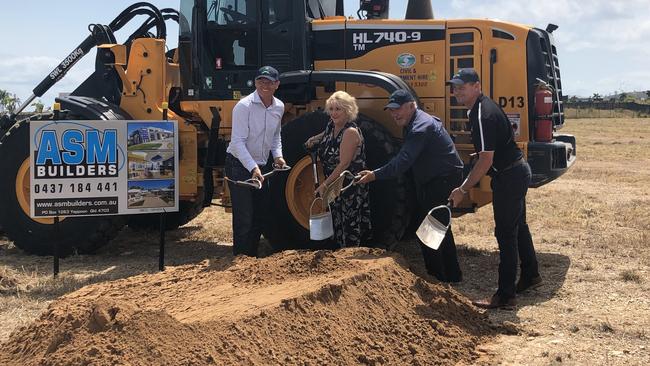 Former Tropical Pineapples and Hidden Valley Harvest Director Joe Craggs, member for Capricornia Michelle Landry, Former Livingstone Mayor Bill Ludwig and ASM Builders Principal Sam Milfull at the project sod turn