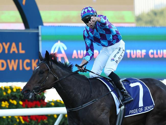 SYDNEY, AUSTRALIA - APRIL 13: Declan Bates riding Pride of Jenni wins Race 8 Queen Elizabeth Stakes during Sydney Racing: The Championships at Royal Randwick Racecourse on April 13, 2024 in Sydney, Australia. (Photo by Jeremy Ng/Getty Images)