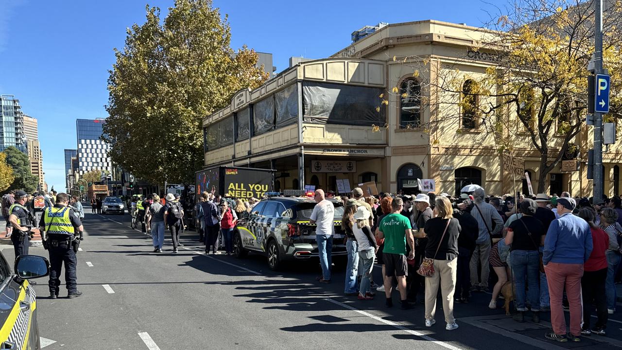 Hundreds rallied at the Crown and Anchor Hotel on April 28. Picture: Matt Loxton