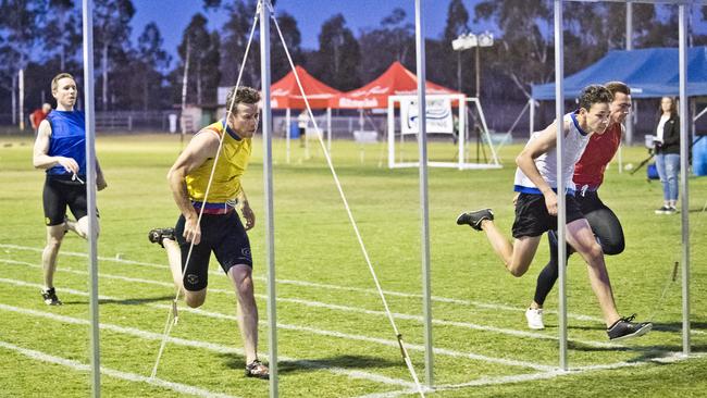 Caleb Law wins the 120 metres Open. Arthur Postle Gift at Pittsworth. Saturday, 14th Sep, 2019.