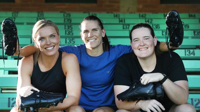 XBlades ambassadors Abbey Holmes, Chelsea Randall and Sarah Perkins with the boots specifically designed for women. Picture: AAP Image