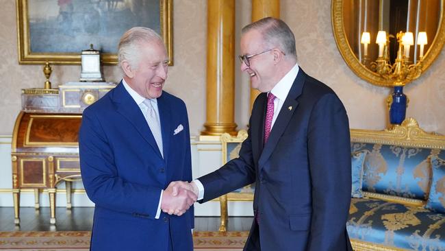 LONDON, ENGLAND - MAY 02: (L-R) King Charles III hosts an Audience with the Australian Prime Minister Anthony Albanese at Buckingham Palace on May 2, 2023 in London, England. (Photo by Jonathan Brady - WPA Pool/Getty Images)