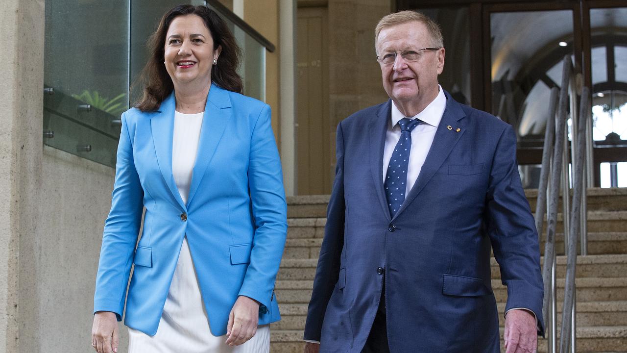 Annastacia Palaszczuk and AOC president John Coates in February this year when the IOC confirmed Brisbane as the frontrunner to host the 2032 Games. Picture: NCA NewsWire/Dan Peled