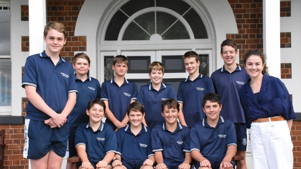 The St Mary's College Laura Geitz Cup netball team (Back, from left) Hayden Beckett, Alex Goddard, Cooper Geiger, Brock Markey, Max Anderson, Caiden Bridger, Madeleine Rayner (coach). (Front, from left) Lucas Norton, Nick Jewell, Alex Maddison, Aidan Burke. Photo: Contributed