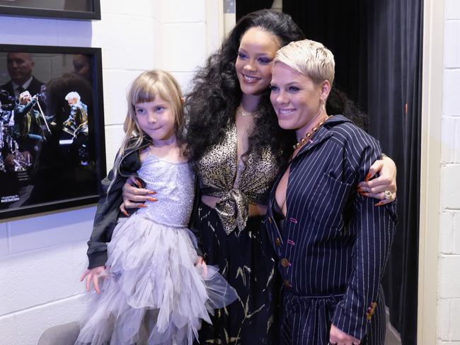 Willow Hart, Rihanna and Pink backstage at the 60th Annual GRAMMY Awards at Madison Square Garden on January 28, 2018 in New York City. Picture: Getty