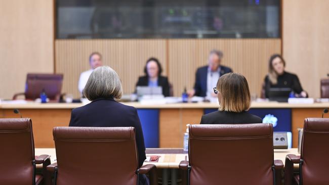 Government and Industry Relations Manager at Coles, Vicki Bon and CEO of Coles Supermarkets, Leah Weckert appear before the Senate Select Committee on Supermarket Prices at Parliament House in Canberra. Picture: Martin Ollman