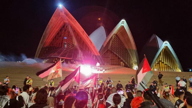 Pro-Palestinian protesters gather in front of the Opera House. Picture: Jasmine Kazlauskas