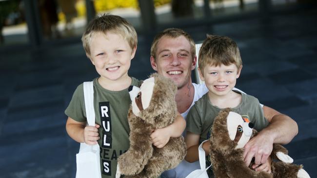 Caleb Lecauteur with his sons Levi Vincent, 7, and James Davidson, 5. PICTURE: STEWART MCLEAN