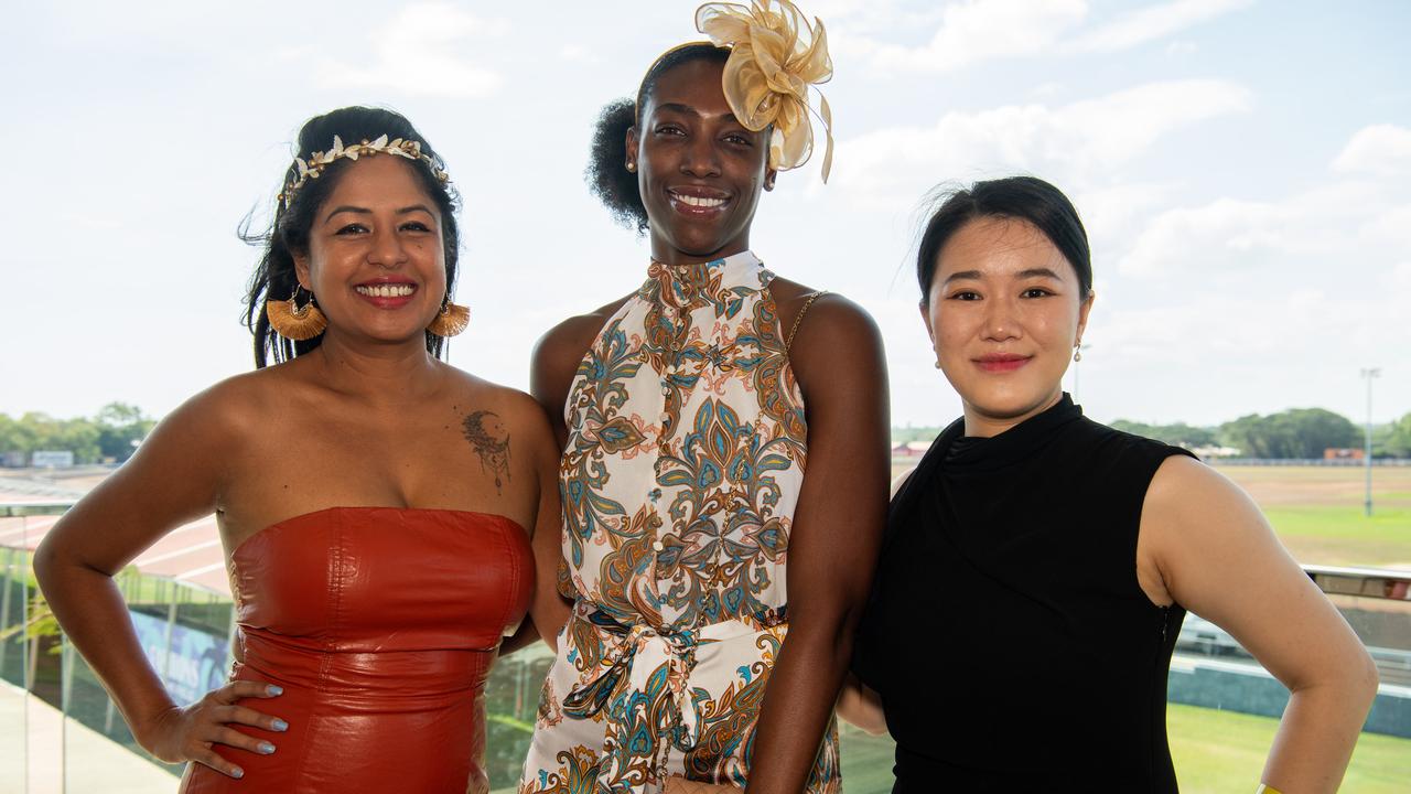 Nadee Wicks, Shaneal Williams and Maggie Murray at the 2024 Darwin Guineas kicking off the Darwin Cup Carnival. Picture: Pema Tamang Pakhrin