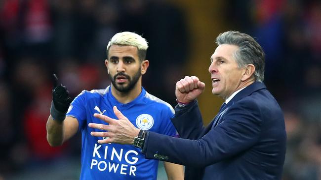 Claude Puel, Manager of Leicester City gives Riyad Mahrez