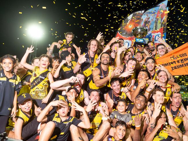 Nightcliff Tigers players celebrate their 2020-21 NTFL Men’s Premier League Grand Final - triumph over St Mary’s. Picture: Che Chorley