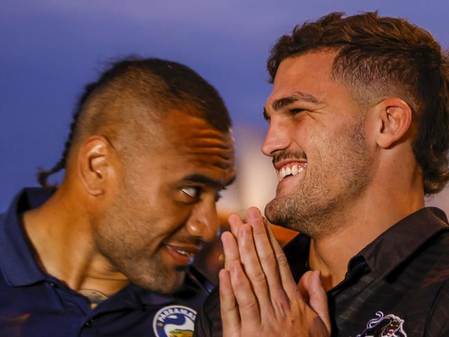 SYDNEY, AUSTRALIA - SEPTEMBER 26: Junior Paulo (L) co-captain of the Parramatta Eels and Nathan Cleary co-captain of the Penrith Panthers hug on arrival during the 2022 NRL Grand Final Week Launch at Campbells Cove on September 26, 2022 in Sydney, Australia. (Photo by Jenny Evans/Getty Images)