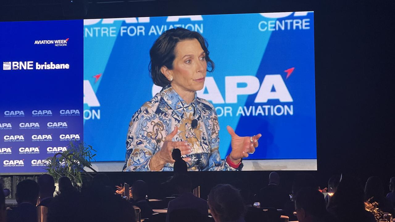 Virgin Australia CEO Jayne Hrdlicka speaking at the CAPA Airline Leader Summit in Brisbane. Picture: news.com.au