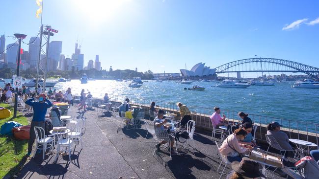 The crowd gathers early at Mrs Macquarie’s Chair overlooking Sydney Harbour. Picture: Getty Images