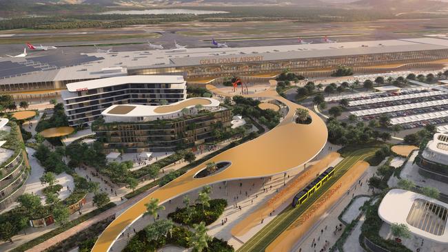 Artist impression of the Gold Coast Airport masterplan, which features new hotels, a light rail connection and retail precinct. Picture: Supplied