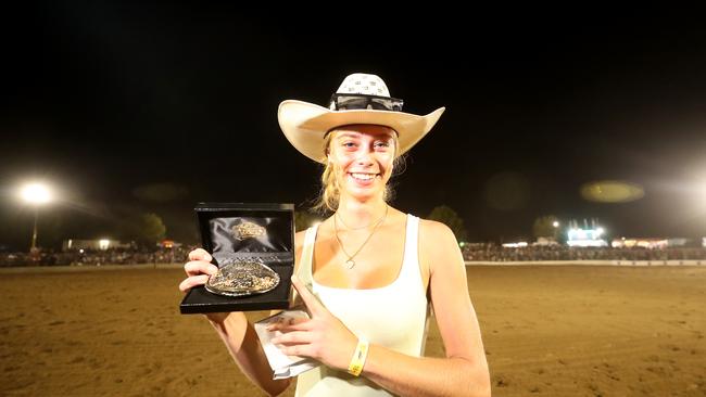 Mansfield’s Maddy Theobald won the bull ride event. Picture: Yuri Kouzmin