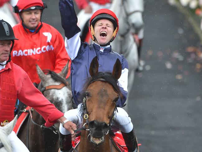 Kerrin McEvoy returns to scale after winning on Almandin in 2016. Picture: AFP