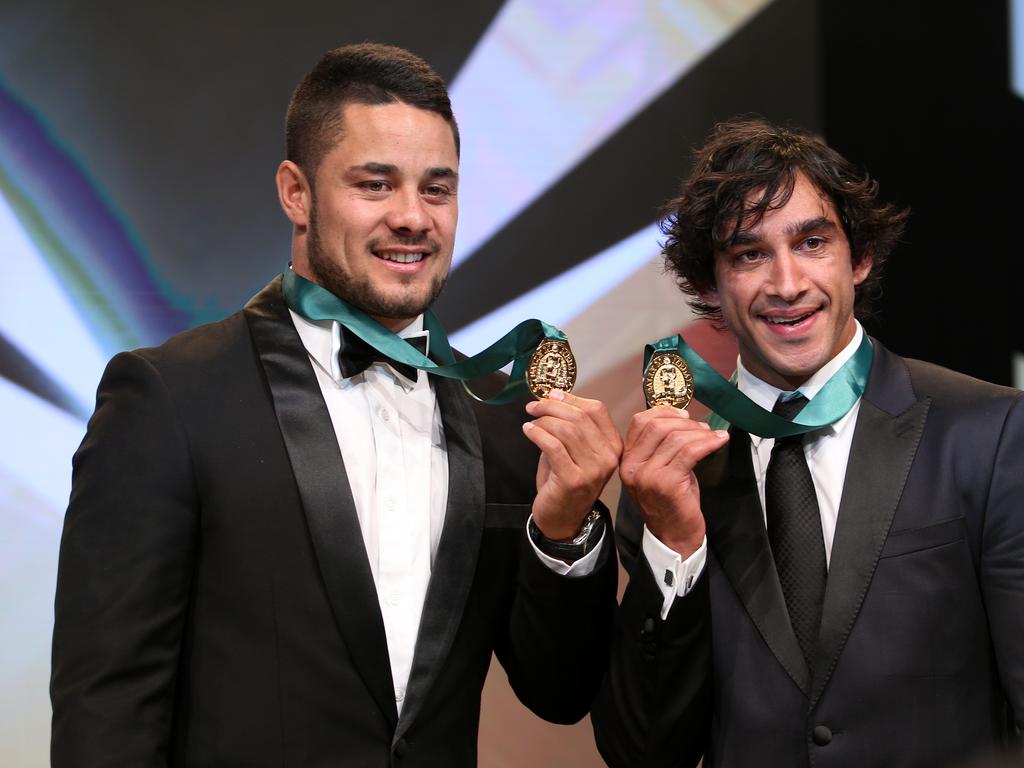 Jarryd Hayne and Johnathan Thurston, the joint winners of the 2014 Dally M Award. Picture: Richard Dobson