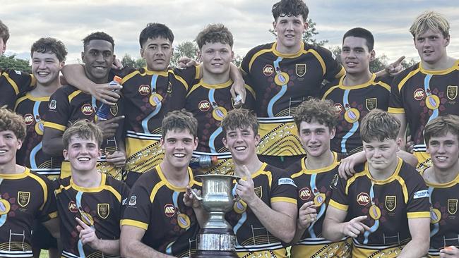 Padua College captain Will Tozer, front left, and Brock Dillon, right, with the premiership cup.