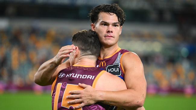 BRISBANE, AUSTRALIA - MAY 18: Cam Rayner and Dayne Zorko of the Lions look dejected after the round ten AFL match between Brisbane Lions and Narrm (Melbourne Demons) at The Gabba, on May 18, 2025, in Brisbane, Australia. (Photo by Matt Roberts/Getty Images)