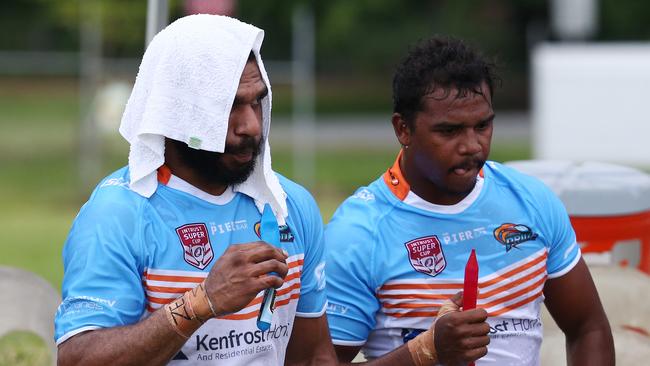 Pride’s Gabriel Bon and Mark Rosendale cool down at half time in the pre season trial match between the Northern Pride and the Cairns Foley Shield side, held at Petersen Park, Edmonton. PICTURE: BRENDAN RADKE