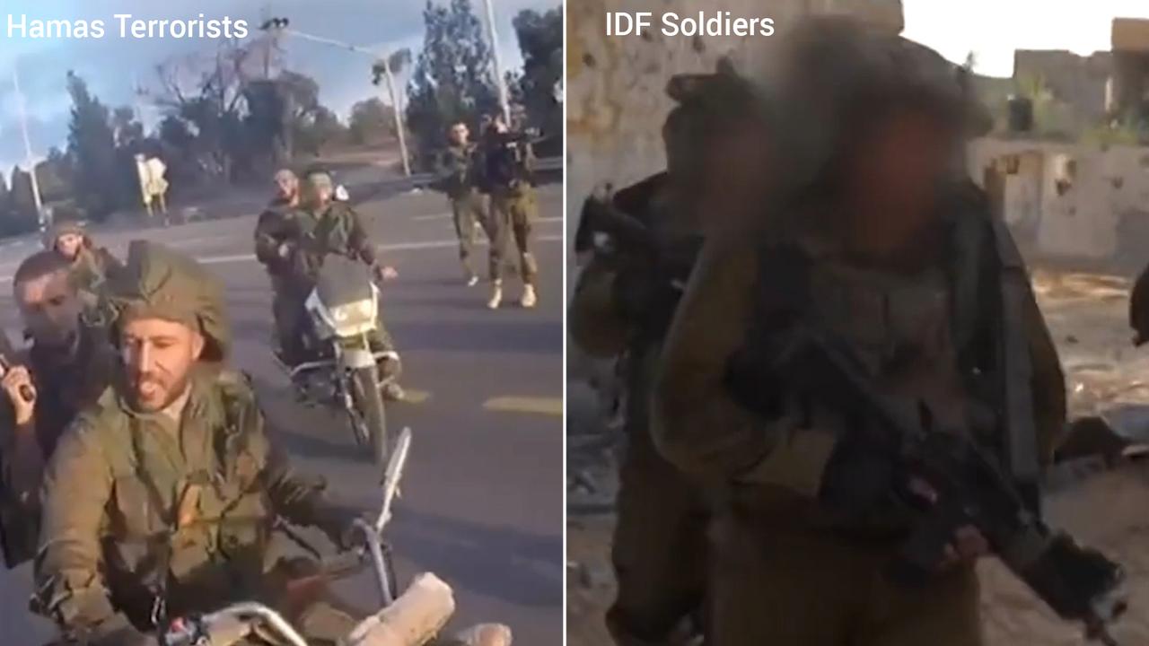 Hamas terrorists in IDF uniform, left, and IDF soldiers, right.