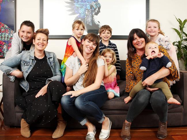 These women found they needed support when they miscarried. From left: Maggi McDonald and her son Hamish; Anna Kratovil and her three children; and Sam Payne her kids. Picture: Tim Hunter