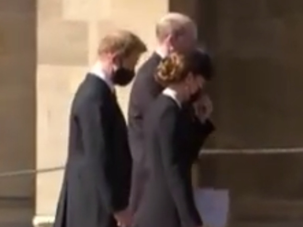 Prince Harry, Prince William and Kate Middleton walking together after the funeral service for Prince Philip, Saturday April 17, 2021. Picture: 7NEWS