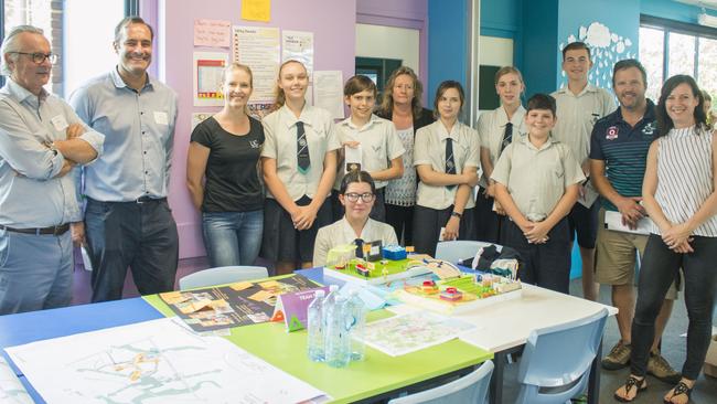 Landscape architect Mark Fuller (left) and Fiteni Homes land development manager Vaughn Bowden with students and teachers at the Woodbury high school design workshop hosted by Faith Lutheran College. Picture: Brittany Holzworth.