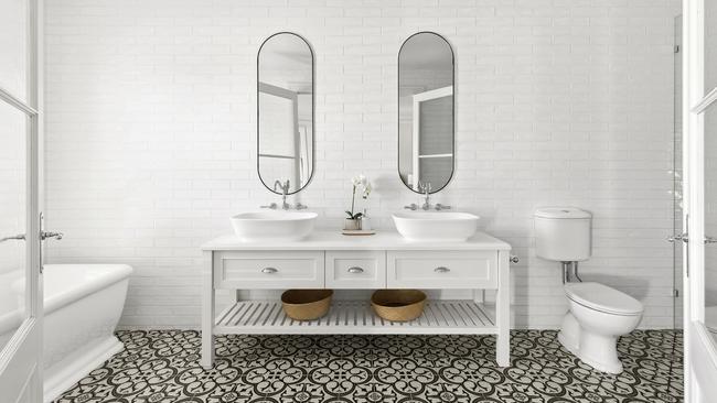 Striking bathrooms use stylish vanities, mirrors and tiles.