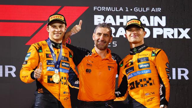 Oscar Piastri, McLaren team principal Andrea Stella and Lando Norris. Picture: Getty