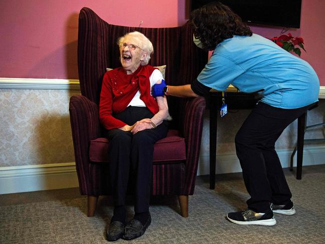 Ellen Prosser, aged 100, received the AstraZeneca vaccine in London this week. Picture: Kirsty O'Connor/AFP