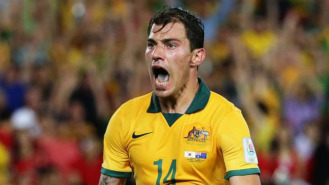 Australia's James Troisi scores to give Australia a 2-1 lead during the 2015 Asian Cup Final between Australia and Korea Republic at Stadium Australia, Sydney. Pic Brett Costello