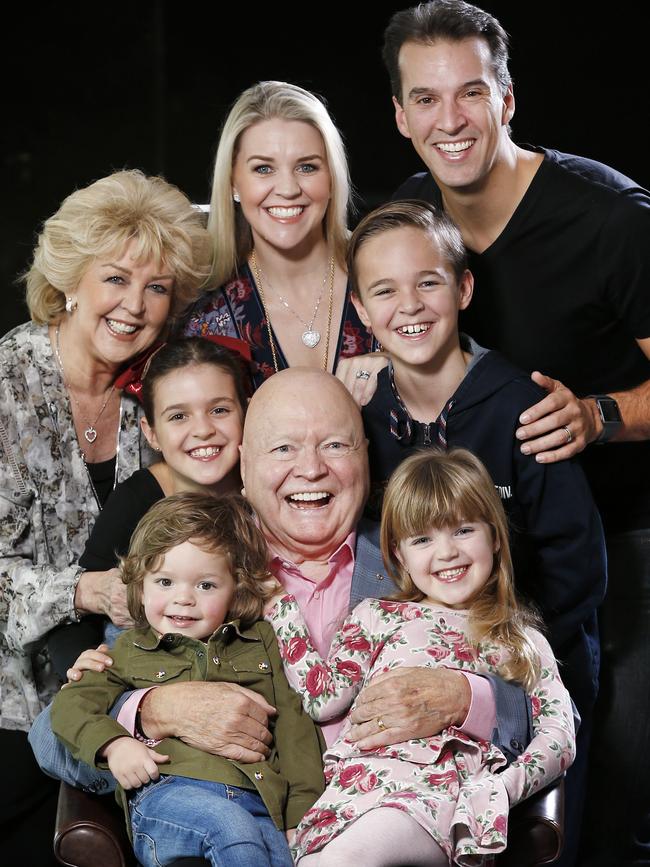 Newton on his 80th birthday with Patti, daughter Lauren, son-in-law Matt Welsh and grandchildren Lola, Monty, Sam and Eva. Picture: David Caird