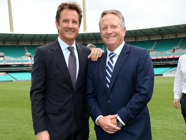 Mark Nicholas, with Ian Healy, has been anointed as Richie Benaud’s summer. Picture: Richard Dobson