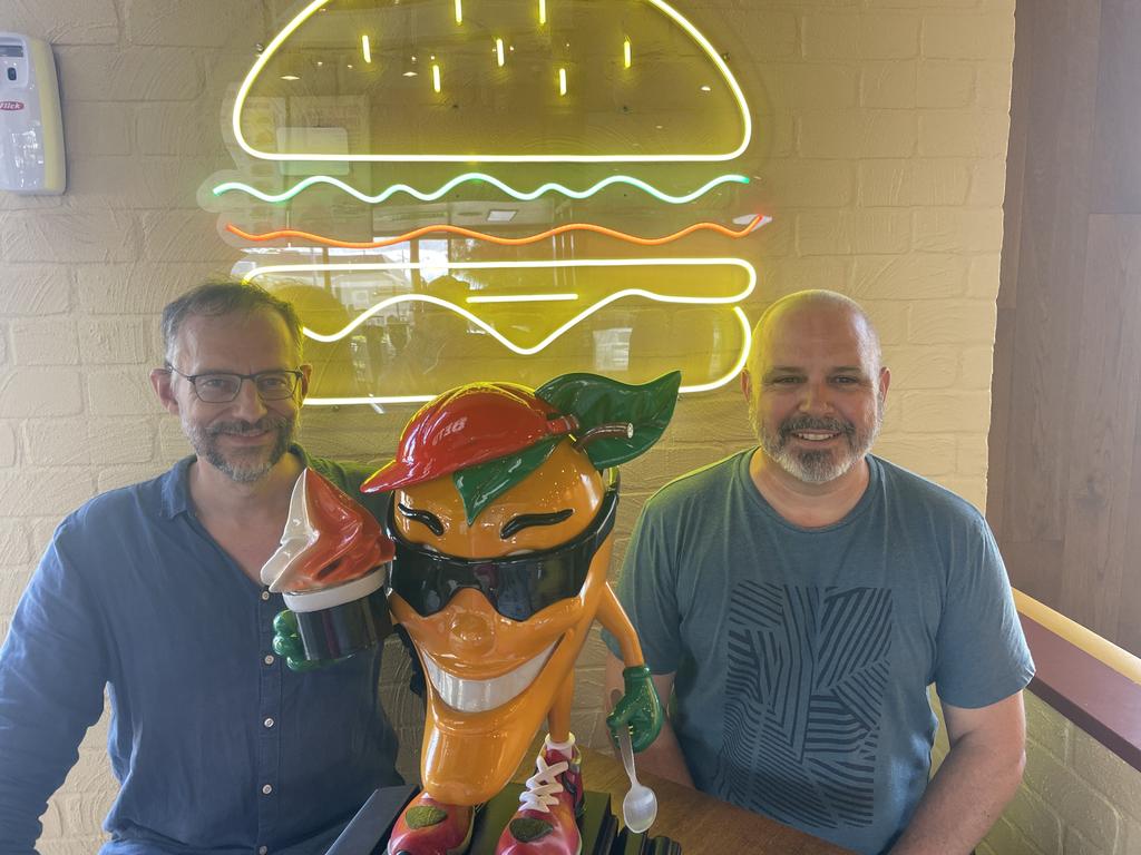 Frosty Mango Wholesale chief executive Tom Freeland and Getta Betta co-owner Rob Aumend at Getta Betta's new Currajong store, which has just launched Frosty Mango's new soft serve varieties. Picture: Leighton Smith.