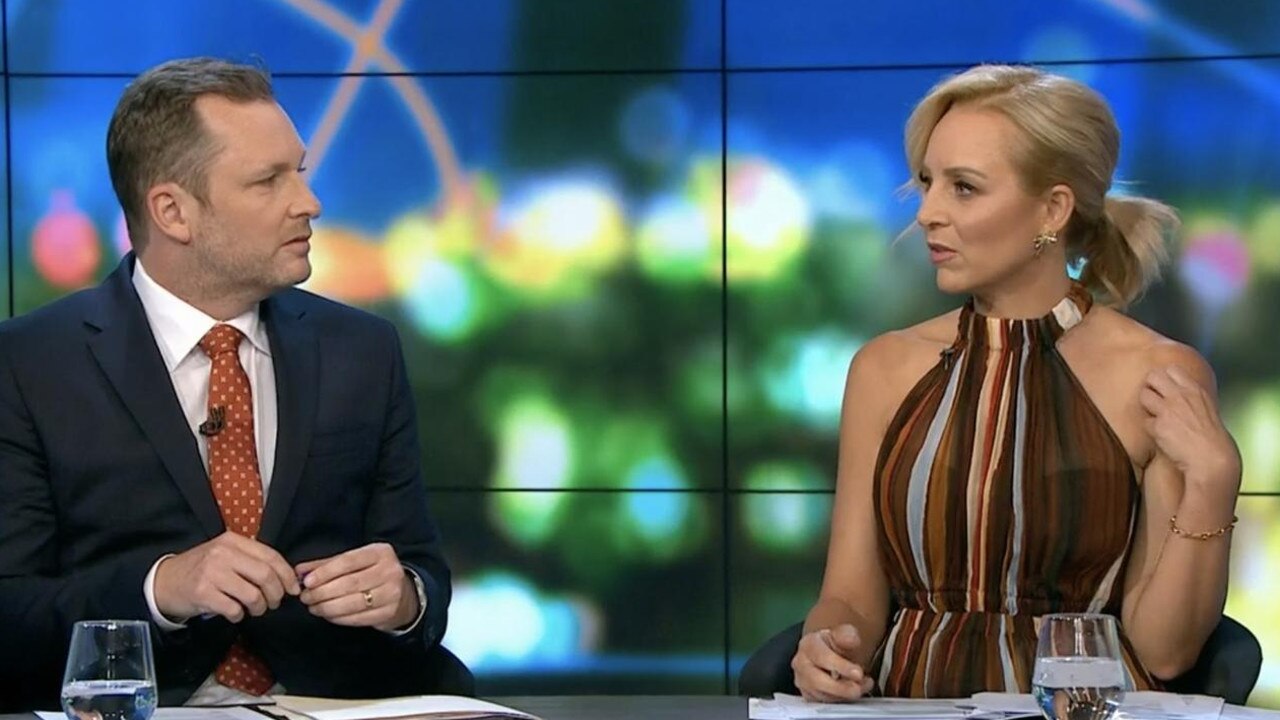 Carrie Bickmore (right) clashes with The Project co-host Peter van Onselen (left) after he wrote a column describing Grace Tame as “childish”. Picture: Channel 10