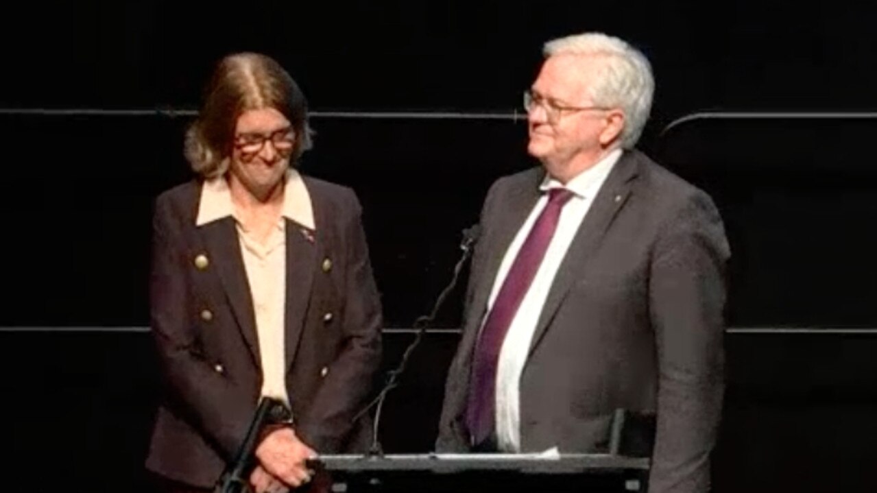 Incoming RBA governor Michele Bullock and ANU vice-chancellor Brian Schmidt were on stage while the protest took place. Picture: ABC News